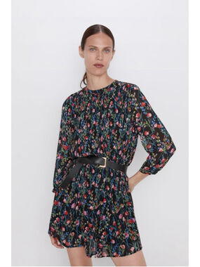 Zara Floral Longsleeves Pleated Flowy Fully Lined Summer Mini Dress Womens Small